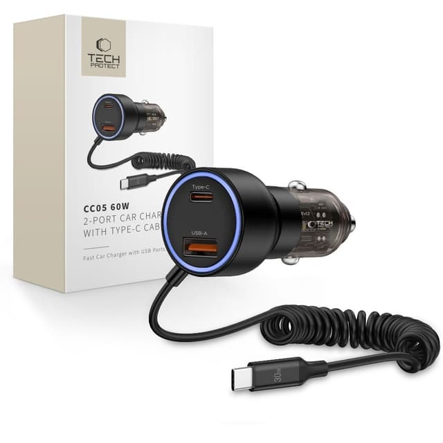 Tech-Protect CC05 billaddare 2-port 60W med USB-C-kabel - Svart