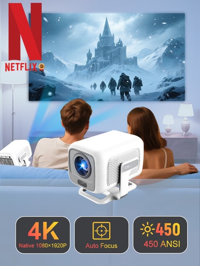NÖRDIC 1080P Projektor Netflix-certificeret 200 ANSI lumen 2.4/5G WiFi 6 understøttelse til iOS/Android
