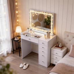 Sminkebord med Bluetooth-Smart Spejl - LED diamantlysstribe, 6 skuffer Hvid - 92x55x81cm