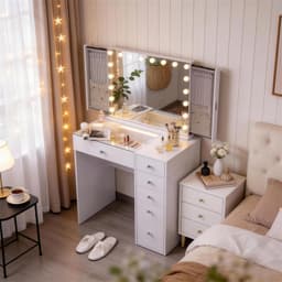 Sminkebord med Bluetooth- Smart Spejl - Smygsopbevaringsskab, 6 skuffer Hvid - 92x55x81cm