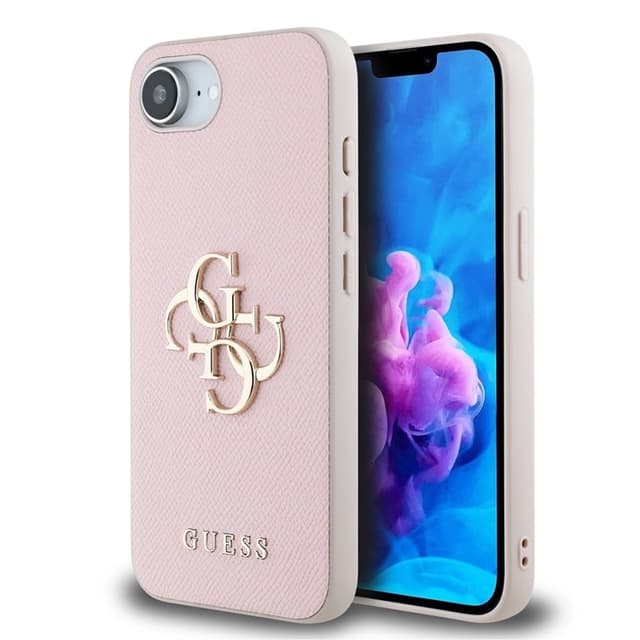 Guess Mobilskal till iPhone 16e PU Grained 4G Metal Logo - Rosa