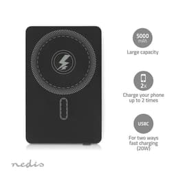Nedis Powerbank | 5000 mAh | 20 W | Trådlös laddningskraft: 15 W | 1.67 / 2.22 / 3.0 A | Enhetens utgångsanslutning: 1x USB-C™ | Enhetens ströminmatningsanslutning: 1x USB-C™ | Lithium-Polymer
