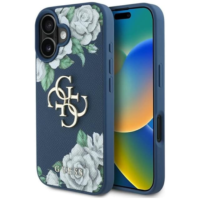 Guess Mobilskal till iPhone 16 Grained Roses Big 4G logo - Blå