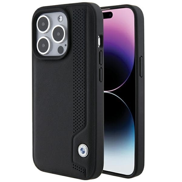 BMW telefontaske til iPhone 15 Pro Max MagSafe læder blå prikker - sort