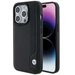 BMW telefontaske til iPhone 15 Pro Max MagSafe læder blå prikker - sort