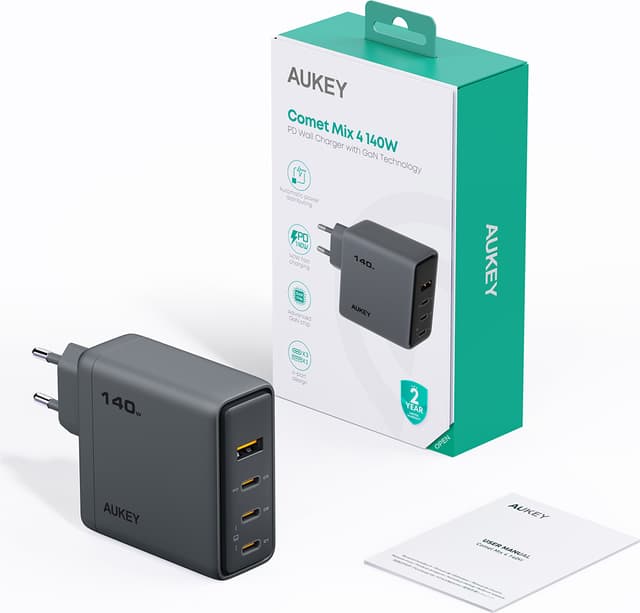 AUKEY PA-C6 140W Fire-Port Oplader (3C1A) Mørkegrå EU-Stik