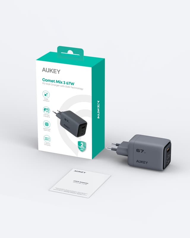 AUKEY PA-C3 67W Tre-Port Oplader (2C1A) Mørkegrå EU-Stik