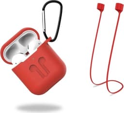 Silikoninen suojakotelo, jossa kuulokehihna ja riipus Apple Airpodsille, punainen
