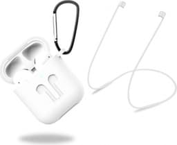 Silikoninen suojakotelo, jossa kuulokehihna ja riipus Apple Airpodsille, valkoinen