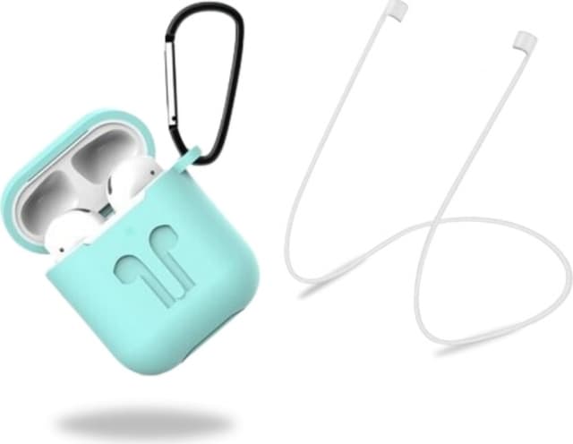 Beskyttelsesetui i silikone med hovedtelefonrem og vedhæng til Apple Airpods, turkisgrøn