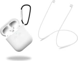 Silikoninen suojakotelo, jossa kuulokehihna ja riipus Apple Airpodsille, valkoinen/läpinäkyvä