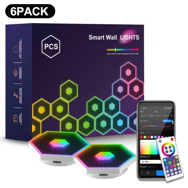 6 stk. WiFi Bluetooth lyspaneler RGB LED væglamper app synkronisering musik