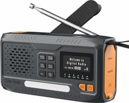 DAB-radio for utendørs bruk, høyttaler, powerbank, solcelledrevet håndsveiv, nødradio