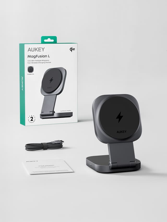 AUKEY LC-MC211 2-i-1 Magnetisk Trådløs Oplader (Mobil + Hovedtelefon) Grå