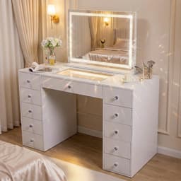 Sminkbord med LED-diamant ljuslist och Bluetooth-Sminkspegel - 11 lådor + 7-färgad justerbar stämningsbelysning - 130x55x81 cm Vit