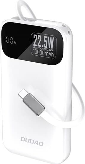 Dudao K31 10000 mAh 22,5W PD Powerbank med indbygget USB-C-kabel - Hvid
