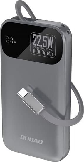 Dudao K31 10000 mAh 22,5W PD Powerbank med indbygget USB-C-kabel - Grå