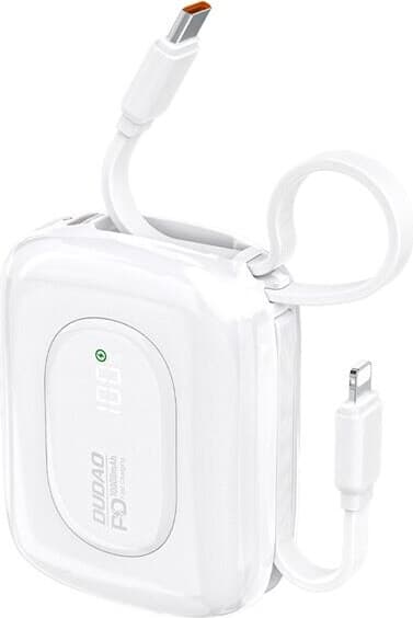 Dudao Powerbank 22.5W 10000mAh med indbygget USB-C og lightning-kabel - Hvid