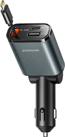 Joyroom 3-i-1-biloplader med 3A USB-C, 2,4A USB og udtrækkeligt USB-C-kabel