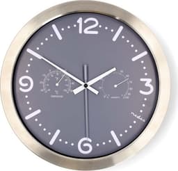 Nedis Veggur | Diameter: 300 mm | Rustfritt Stål | Stille bevegelse | Termometer (temperatur) | Hygrometer | Grå / Metall