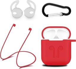 Silikonsett for Airpods, silikonetui, stropp, ørepropper i silikon, karabinkrok, rød