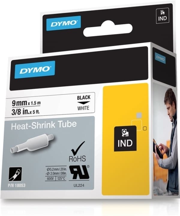 DYMO RhinoPRO mærkbar krympplast 9mm, sort tekst på hvid rulle, 1,5m
