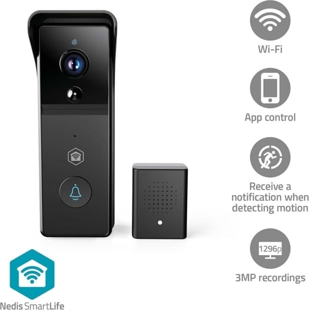 Nedis SmartLife Video Dørtelefon | Batteri | 3MP Full HD 1296p | Cloud Storage (mulighed) / microSD (ikke inkluderet) | IP44 | Bevægelse Sensor | Nattesyn | Sort