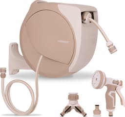 VONROC Automatisk Slangeopruller - 20 m Premium Haveslange | Sprøjtepistol & Koblinger | Beige