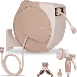 VONROC Automatisk Slangeopruller - 30 m Premium Haveslange | Sprøjtepistol & Koblinger | Beige