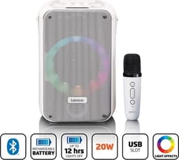 Lenco Karaokeanlæg med Bluetooth®, genopladeligt batteri, trådløs karaokemikrofon og disco-LED-belysning Hvid