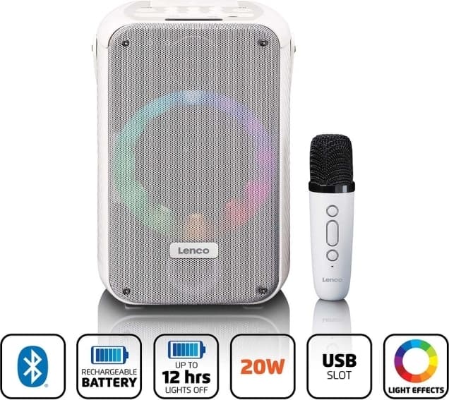 Lenco Karaokesystem med Bluetooth®, uppladdningsbart batteri, trådlös karaokemikrofon och disco-LED-belysning