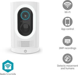 Nedis SmartLife udendørskamera | Spotlight | 3MP Full HD 1296p | IP65 | Maks. batteritid: 6 Måned | Cloud Storage (mulighed) / microSD (ikke inkluderet) | 5 V DC | Bevægelse Sensor | Nattesyn | Hvid
