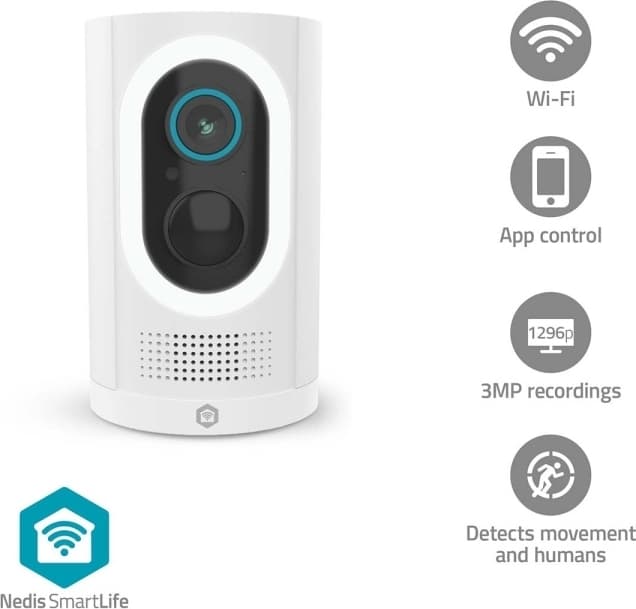 Nedis SmartLife Utomhus Kamera | Spotlight | 3MP Full HD 1296p | IP65 | Max. batteritid: 6 Månader | microSD (ingår inte) / Molnlagring (tillval) | 5 V DC | Rörelsesensor