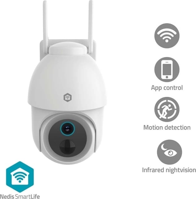 Nedis SmartLife udendørskamera | Spotlight | 3MP Full HD 1296p | Pan tilt | IP65 | Maks. batteritid: 3 Måned | Cloud Storage (mulighed) / microSD (ikke inkluderet) | 5 V DC | Bevægelse Sensor | Nattesyn | Hvid
