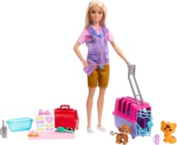 Barbie Dyreredning og -pleie – Lekesett med blond dukke, 2 dyrefigurer og tilbehør (HRG50)