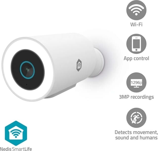Nedis SmartLife Utomhus Kamera | Spotlight | 3MP Full HD 1296p | IP65 | microSD (ingår inte) / Molnlagring (tillval) / Onvif | 5 V DC | Rörelsesensor | Nattsikt | Vit
