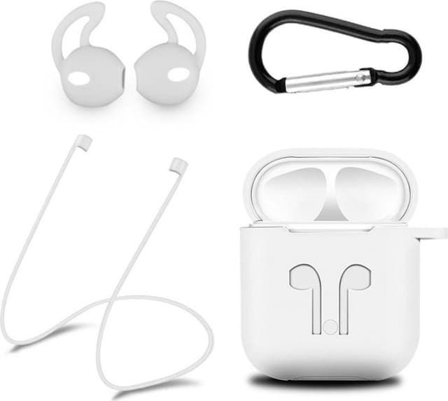 Silikonesæt til Airpods, silikoneetui, rem, silikoneørepropper, karabinhage, hvid