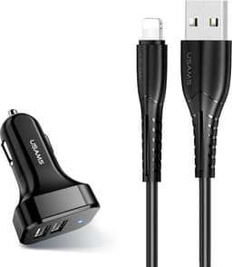 USAMS C13 Billaddare 2xUSB-C 2.1A med Lightning Kabel - Svart