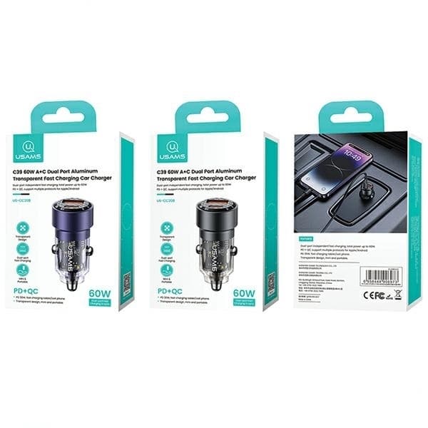 USAMS C39 Biloplader 60W 1xUSB-A 1xUSB-C - Sort