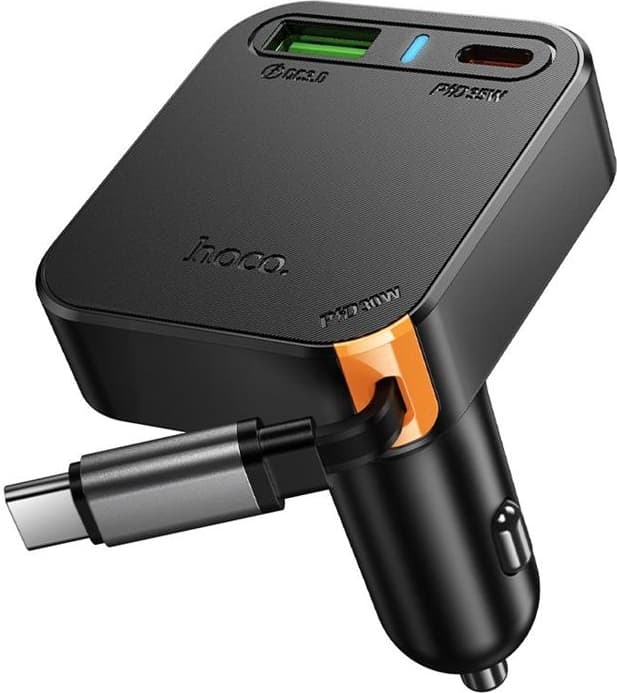 Hoco biloplader 65W USB-A USB-C med udtrækkeligt kabel NZ18 - sort