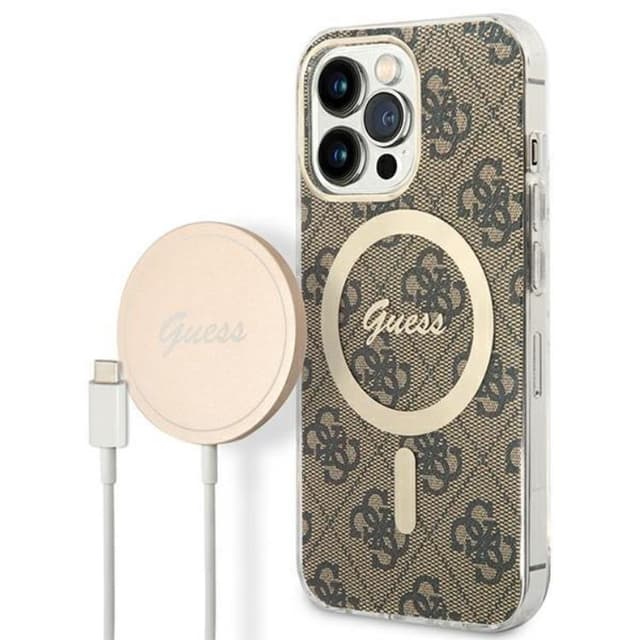 Guess iPhone 13 Pro Magsafe Case Print + Trådløs Oplader - Brun