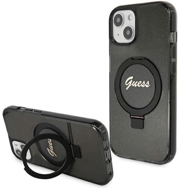 Guess Mobilskal till iPhone 15/14 Plus Magsafe Ringställ Script Glitter - Svart