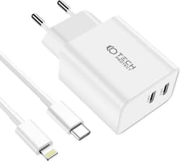 Tech-Protect 2-Port Nätverk Laddare Med Lightning Kabel 1m 35W - Vit