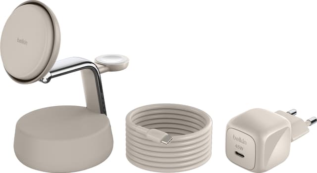 Belkin 3-i-1 Qi2 25W trådløs oplader (sandfarvet)
