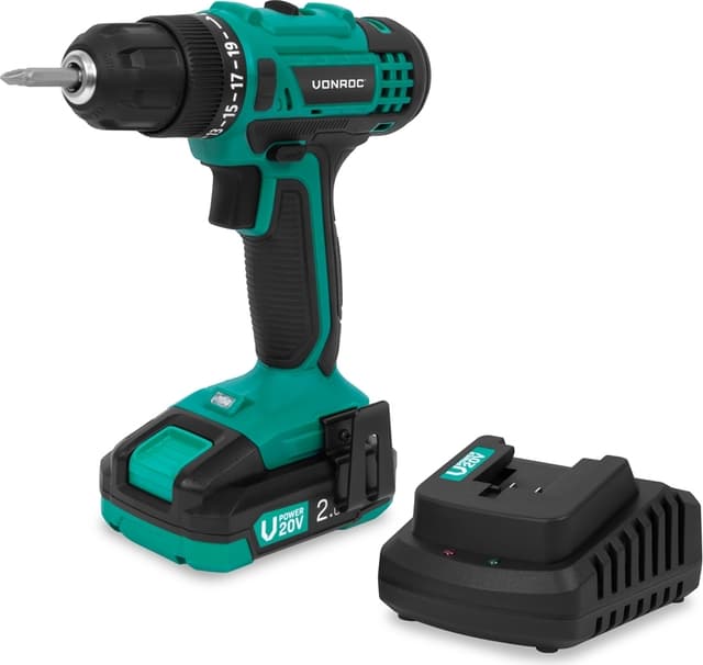 VONROC Batteridriven borrmaskin 20V – inkl. batteri & snabbladdare | LED-ljus | Kompakt & kraftfull