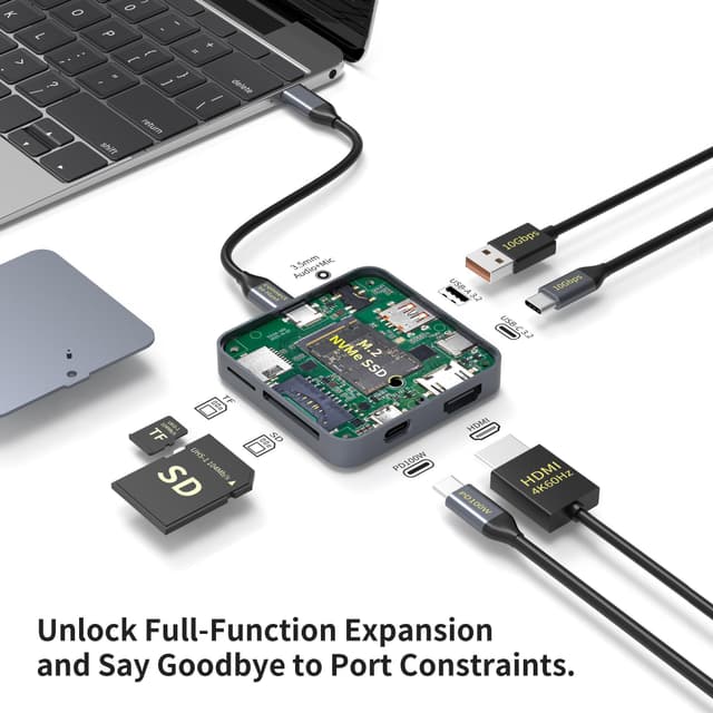 NÖRDIC 1 till 9 Magnetisk USB-C Dockningsstation 1xHDMI 4K60Hz, 1xUSB-C, 1xUSB-C PD 100W, 1xUSB-A, 1xM.2 SSD, 1xSD, 1xMicroSD, 1x3,5 mm AUX