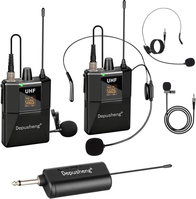 NÖRDIC UHF Wireless Microphone Headset System -Wireless Headset Mic System, with Lavalier Lapel Mics, 60m Range, 1/8'' and 1/4'' Plug
