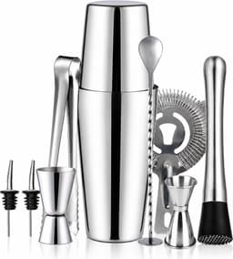 Sett for bartending med dobbel shaker i rustfritt stål, 10 redskaper