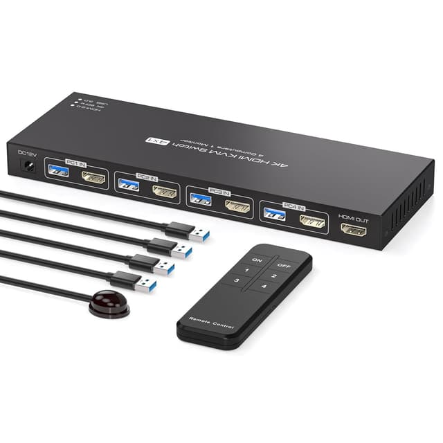 NÖRDIC HDMI 2.0 KVM-switch 4 til 1 EDID 4K60Hz, 4xUSB 3.0, 4 computere til 1 skærm + 4xUSB 3.0-enheder, fjernbetjening