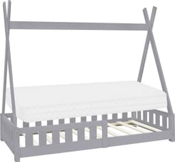 ML-Design Barnsäng tipi 80x160 cm ljusgrå med madrass, fallskydd & lamellram, gjord av furu, indisk säng massivt trä för tjejer & killar, hussäng med staket, ungdomssäng leksäng träsäng